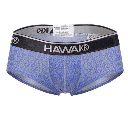 Blue patterned men’s briefs with black waistband featuring Hawai branding in white lettering model 42431