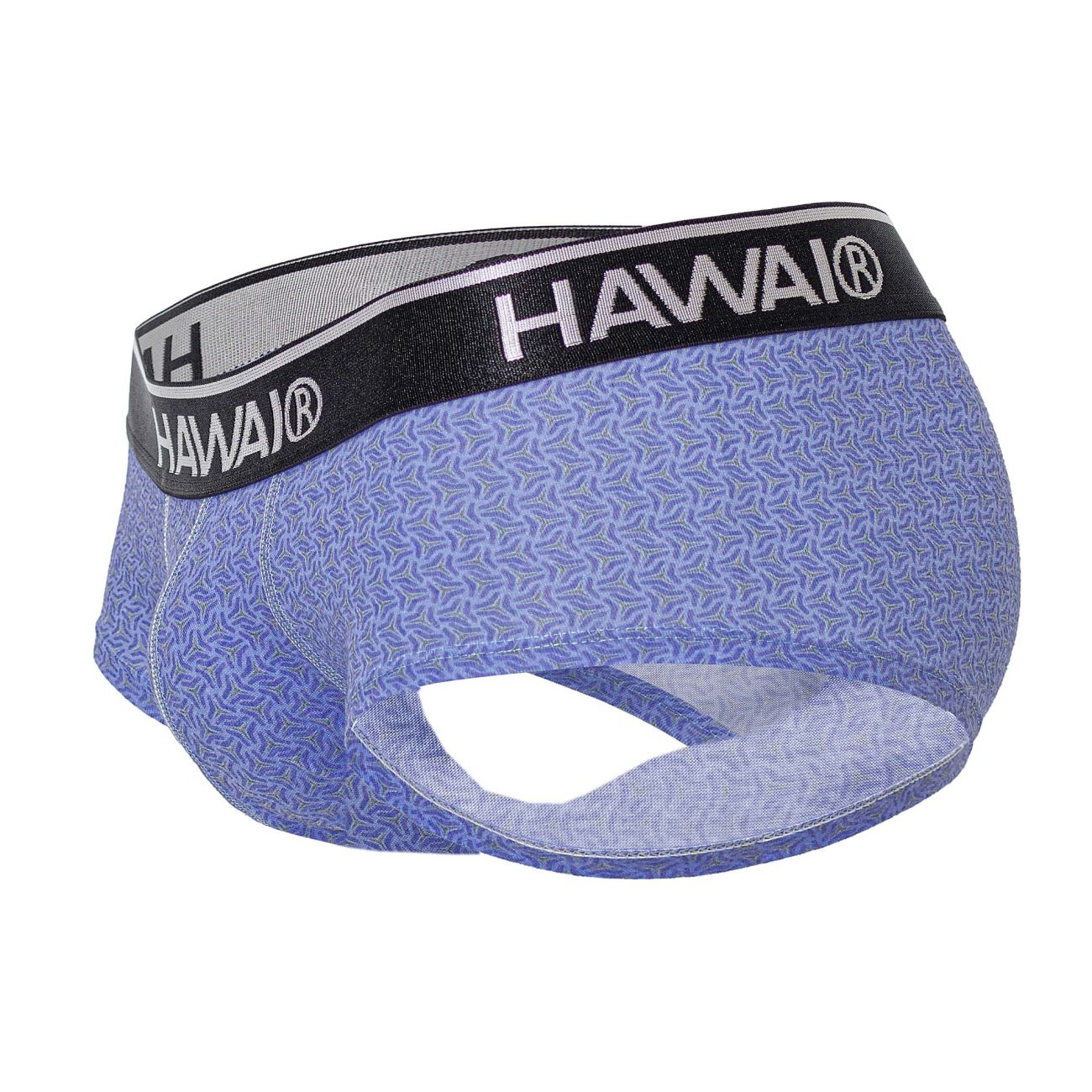 Blue patterned hawai 42431 printed briefs for men with black waistband and white lettering in blue color