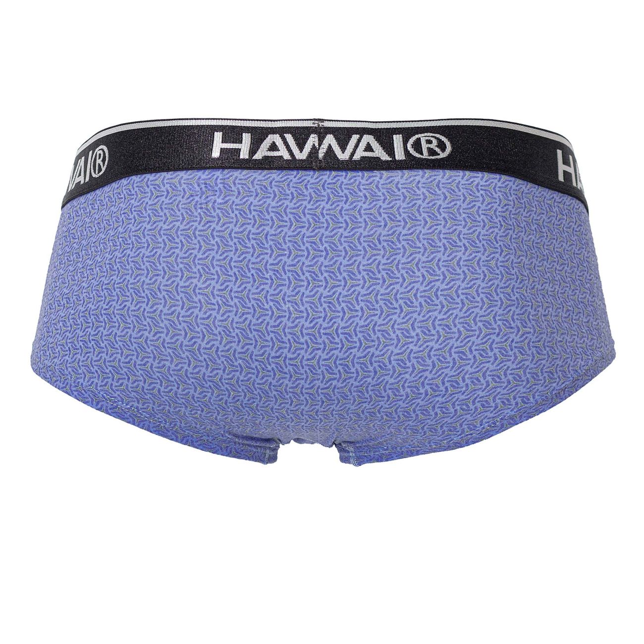 Hawai 42431 printed briefs in blue with purple patterns and a black waistband featuring white lettering