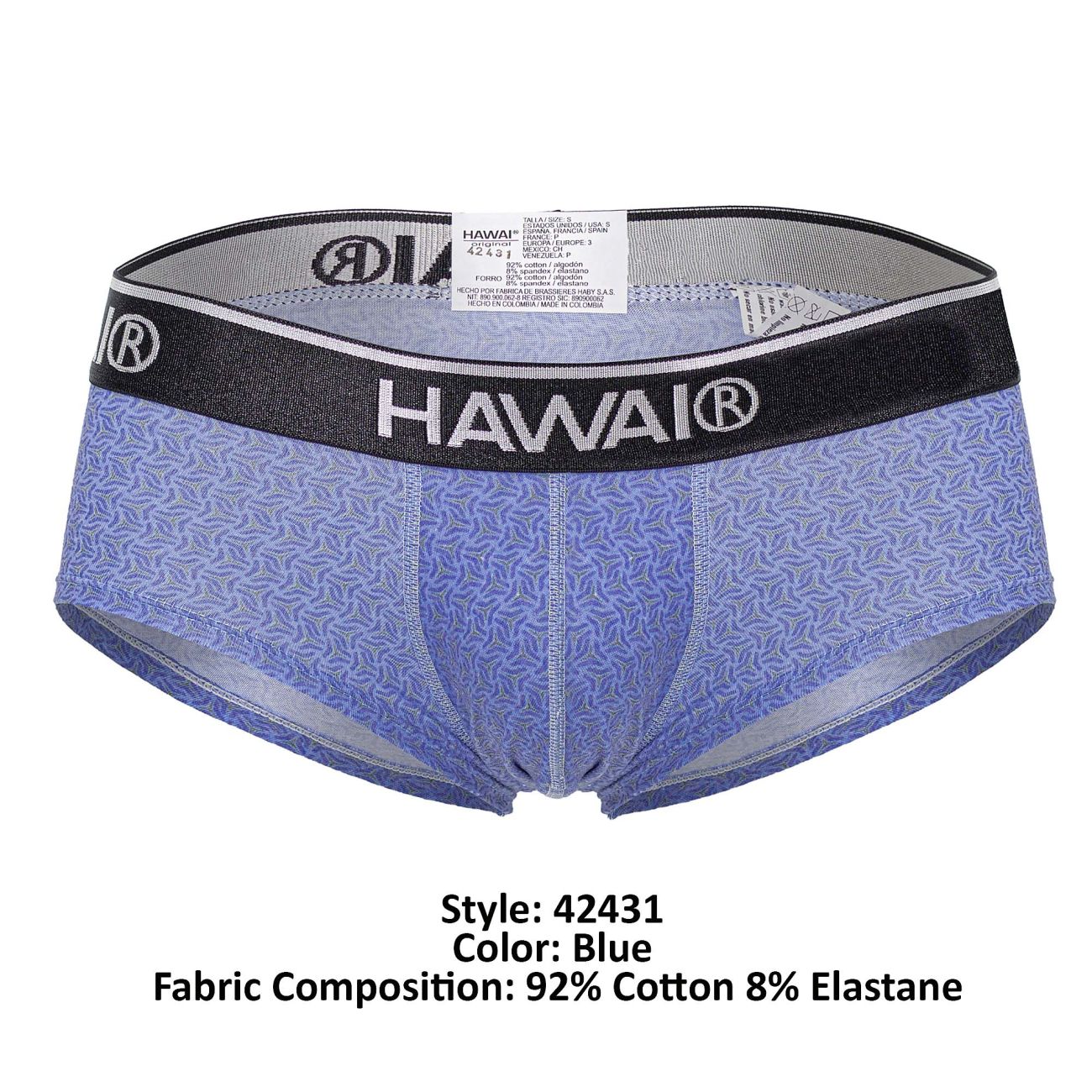 Blue patterned men’s briefs with a black waistband featuring the hawai brand name in white lettering, model 42431