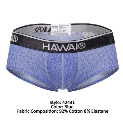 Blue patterned men’s briefs with a black waistband featuring the hawai brand name in white lettering, model 42431