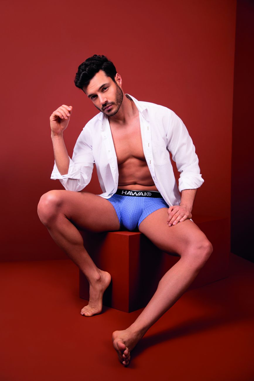 Blue havaianas men’s briefs hawaia 42431 with black waistband featuring brand logo in printed blue fabric