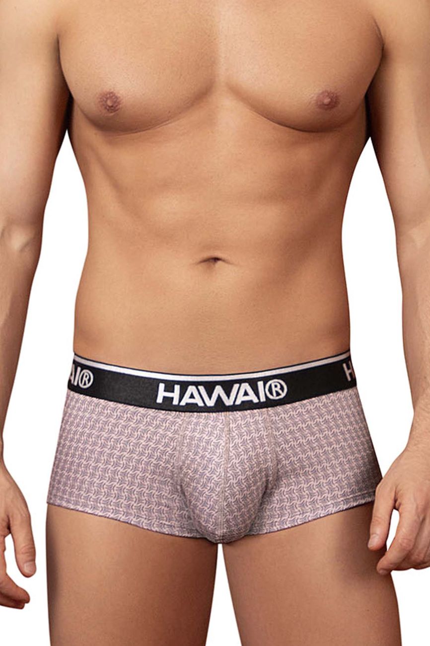 Hawai 42431 printed briefs in light pink and white geometric pattern with black waistband and Hawai logo in cocoa color