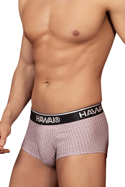 Hawai 42431 printed briefs in cocoa color featuring light pink white geometric pattern and black waistband with Hawaii logo