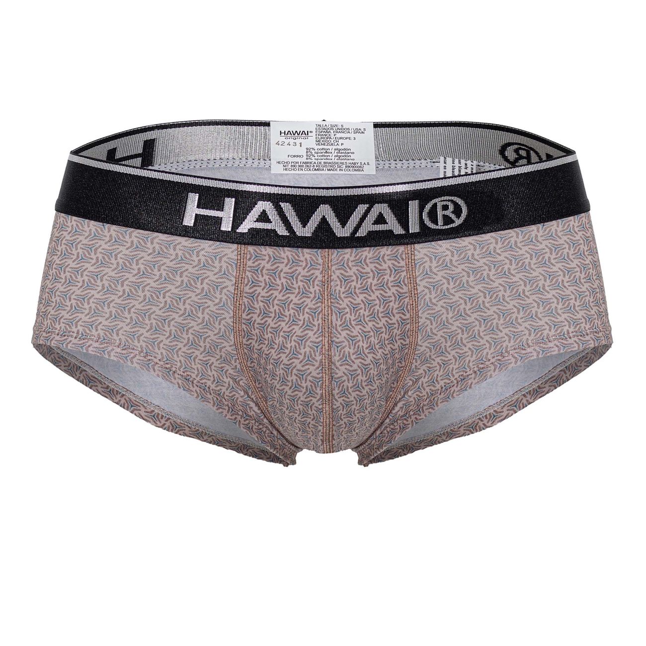 Hawaii HAWAI 42431 printed briefs in cocoa with beige and gray leaf pattern and black elastic waistband