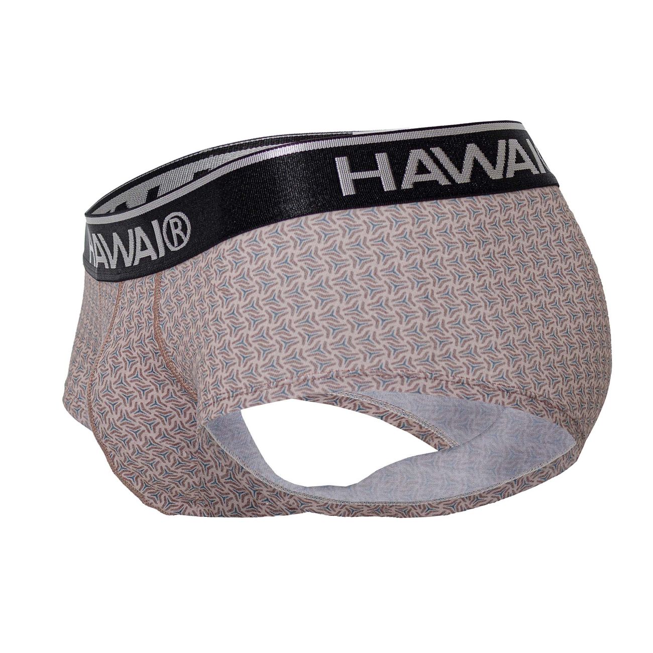 Hawaii 42431 printed men’s briefs in cocoa beige fabric with gray geometric pattern and black elastic waistband