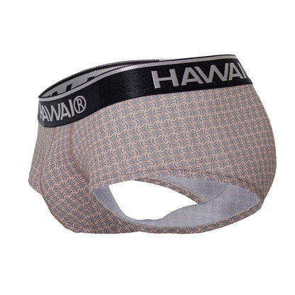 Hawaii 42431 printed men’s briefs in cocoa beige fabric with gray geometric pattern and black elastic waistband