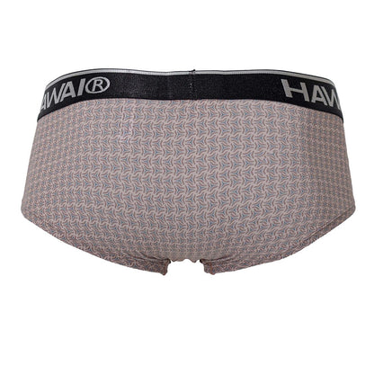 Gray patterned briefs with black hawai waistband in cocoa color featuring printed design for comfortable wear