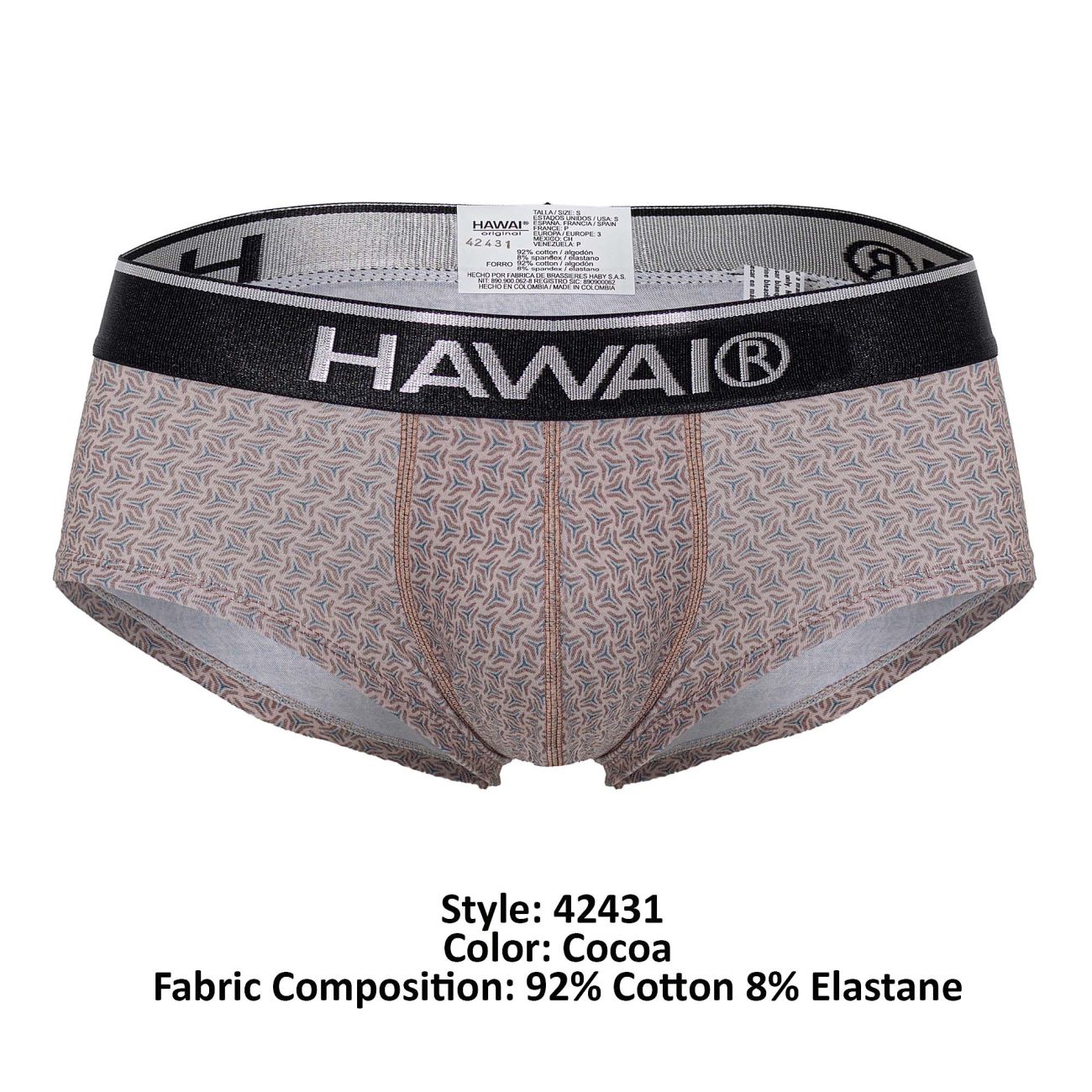 Hawai 42431 printed briefs in cocoa color with subtle leaf pattern and black elastic waistband featuring brand logo