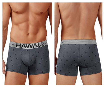 Gray cotton blend boxer briefs with black anchor pattern and white waistband featuring hawaii brand name