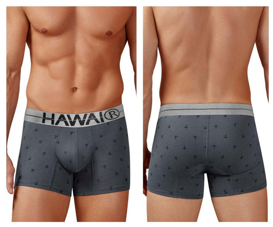 Gray hawaii 42521 cotton blend boxer briefs with black anchor pattern and white waistband featuring hawaii brand name