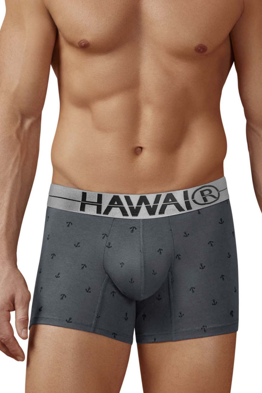 Gray cotton blend boxer briefs with black anchor pattern and white waistband featuring hawaii logo model 42521