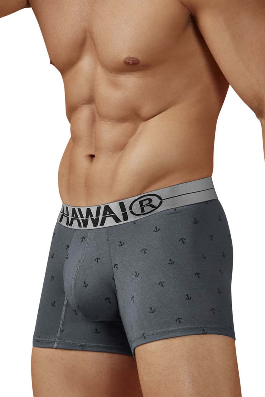 Gray hawaiian boxer briefs with subtle anchor pattern and white waistband featuring the brand logo cotton blend trunks