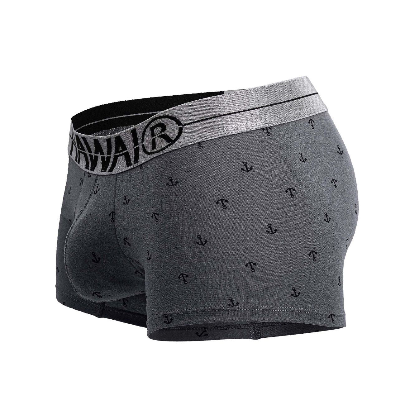 Gray men’s cotton blend boxer briefs with black anchor pattern and silver waistband featuring hawai logo