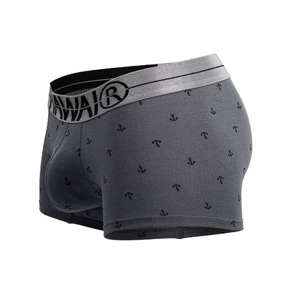 Gray men’s cotton blend boxer briefs with black anchor pattern and silver waistband featuring hawai logo