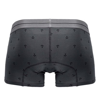 Dark gray cotton blend boxer briefs with subtle black anchor pattern and matching elastic waistband hawai 42521 trunks