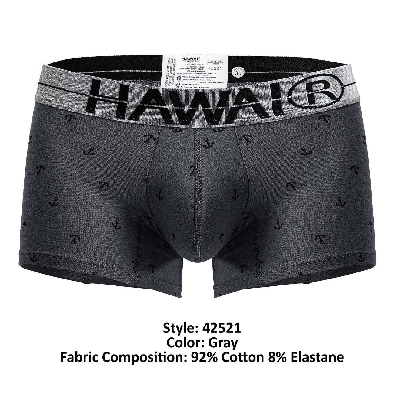 Gray hawai 42521 cotton blend men’s boxer briefs with black anchor pattern and elastic waistband