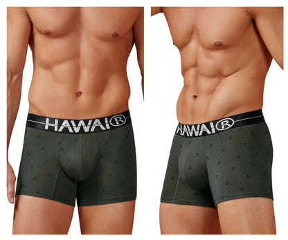 Dark green hawaiian men’s cotton blend boxer briefs with subtle anchor pattern and black waistband with hawaii logo