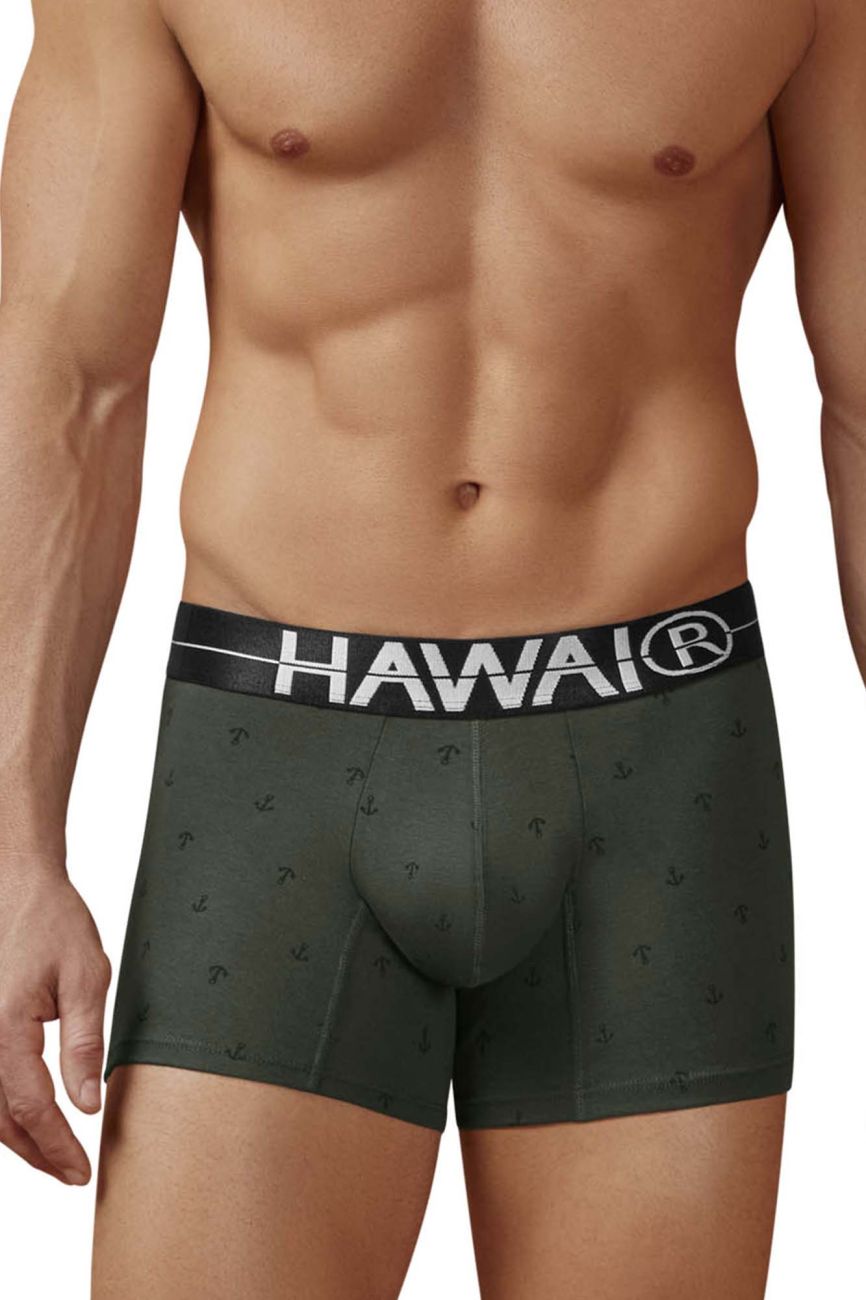 Dark green boxer briefs with black waistband featuring white hawaii logo and anchor patterns made from cotton blend