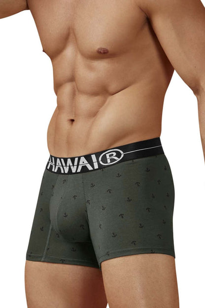 Dark green hawaii 42521 cotton blend boxer briefs with repeating anchor pattern and black waistband with brand name