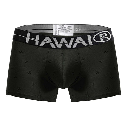 Black Hawai 42521 cotton blend men’s boxer briefs in military green with subtle anchor pattern and white logo waistband