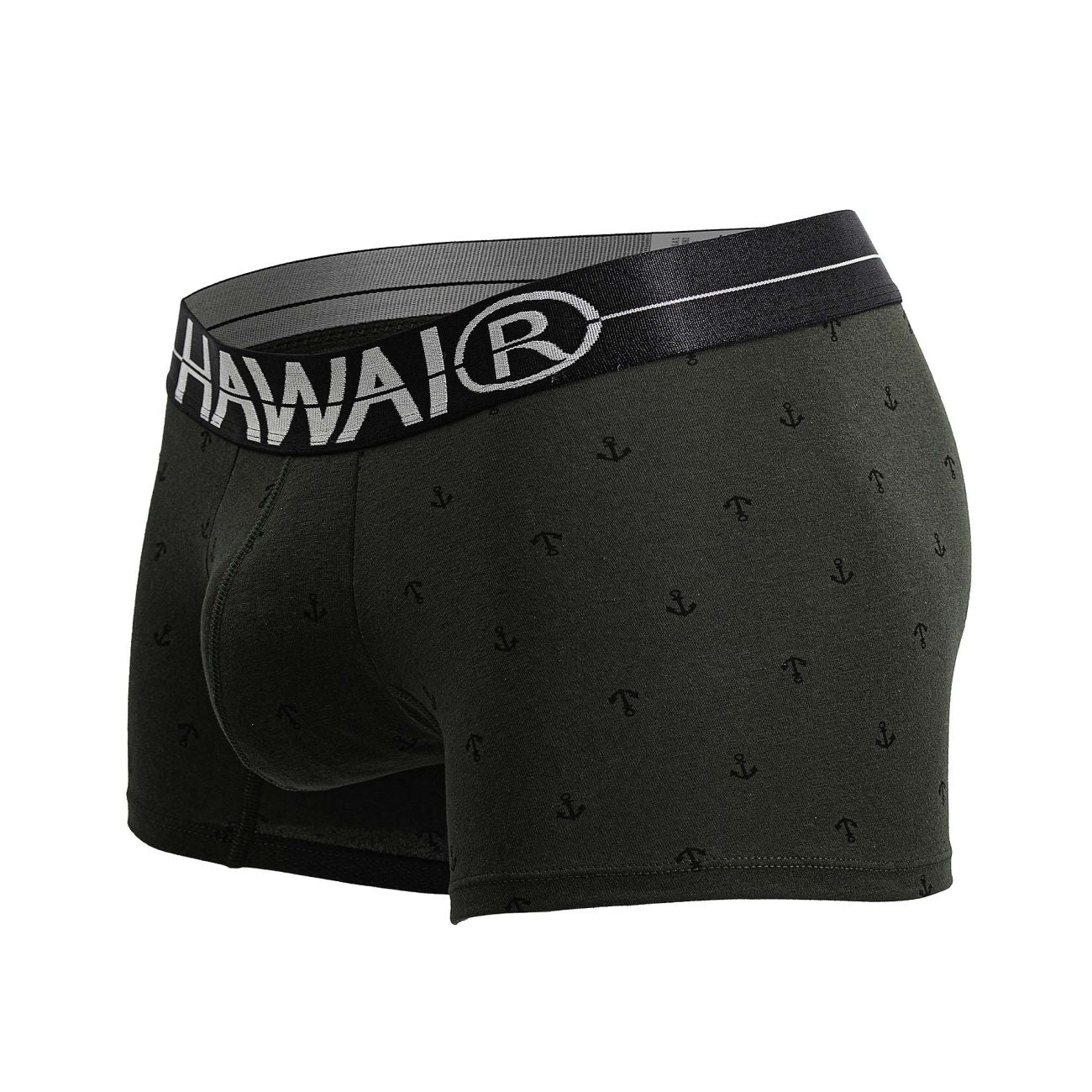 Black Hawaiian men’s boxer briefs in military green cotton blend with subtle anchor pattern and branded waistband