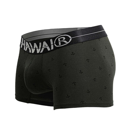 Black Hawaiian men’s boxer briefs in military green cotton blend with subtle anchor pattern and branded waistband