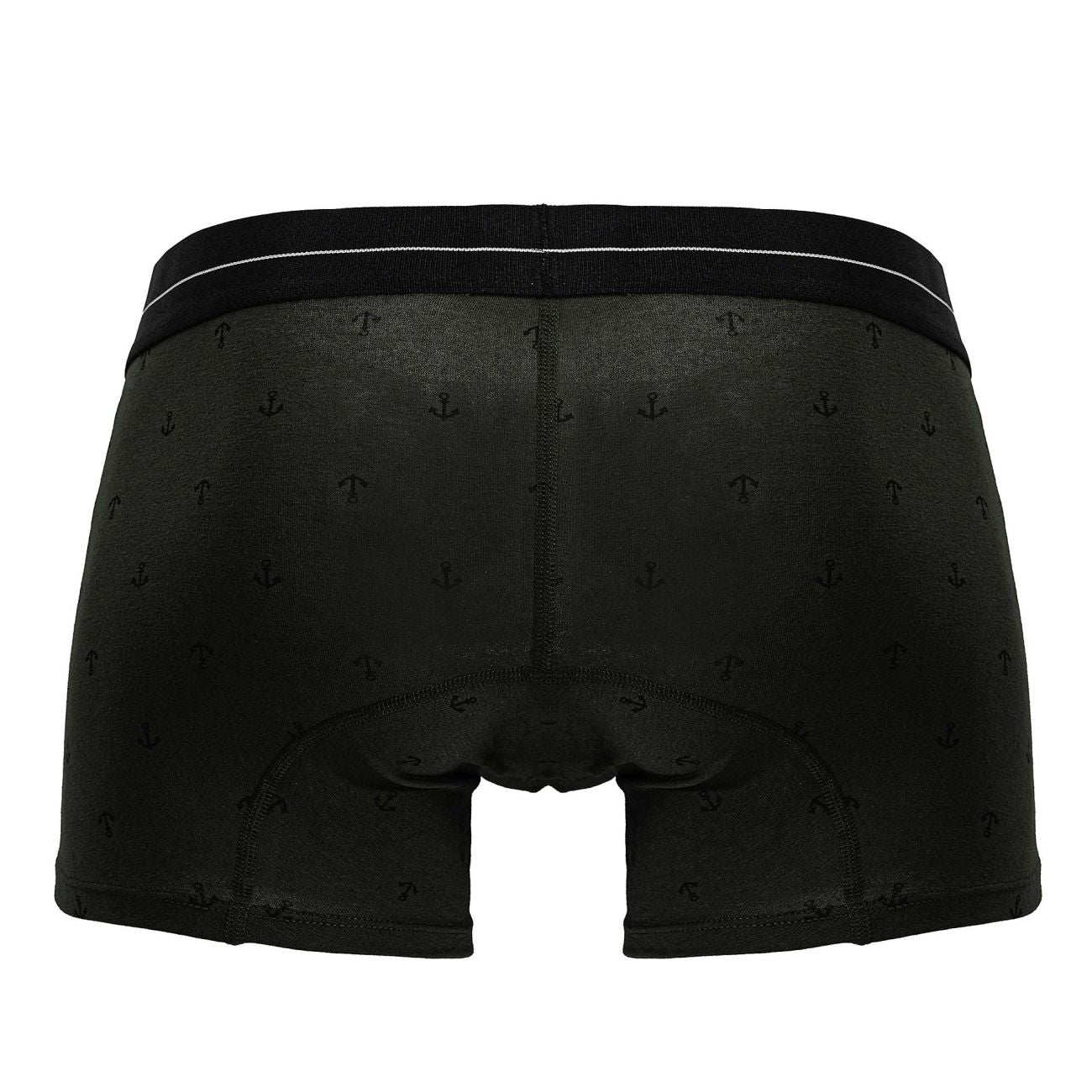 Black boxer briefs with subtle anchor pattern white waistband trim cotton blend trunks in military green color