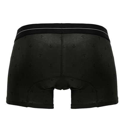 Black boxer briefs with subtle anchor pattern white waistband trim cotton blend trunks in military green color