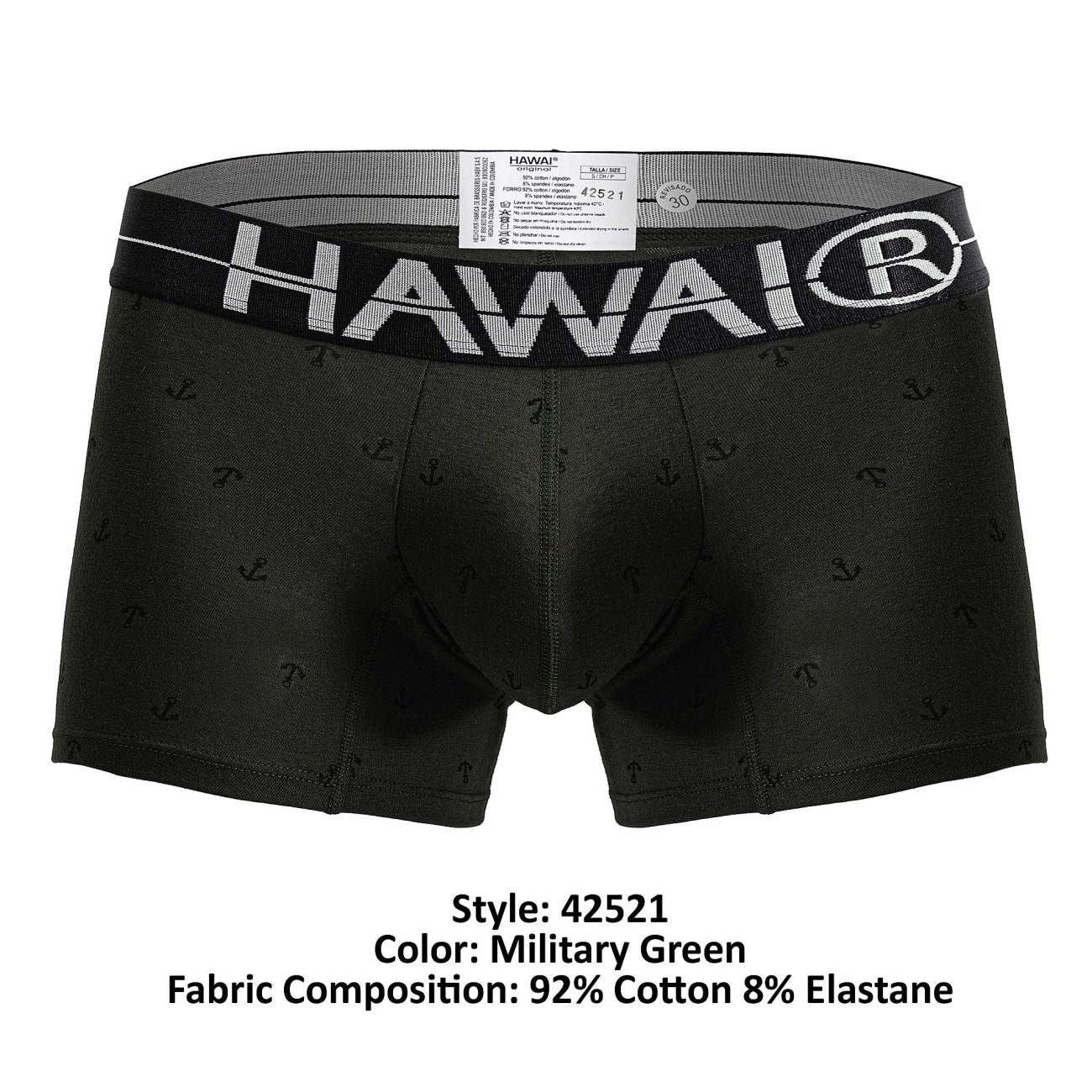 Black men’s boxer briefs with subtle anchor pattern and bold white hawai logo on military green cotton blend trunks