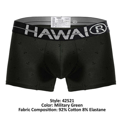 Black men’s boxer briefs with subtle anchor pattern and bold white hawai logo on military green cotton blend trunks