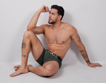 Olive green men’s cotton blend boxer briefs with black waistband and white hanai branding hawai 42521 trunks