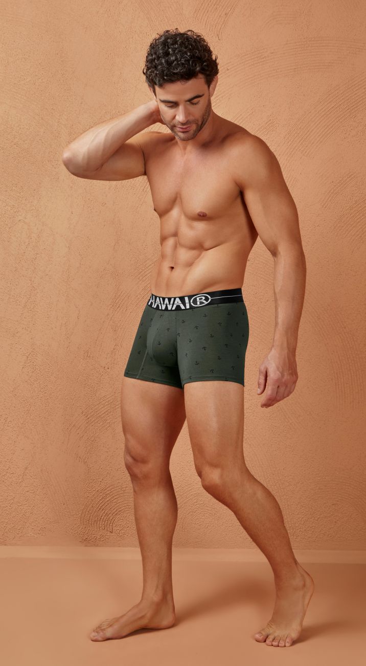 Dark green hawaiian boxer briefs with black waistband and brand logo in cotton blend military green trunks