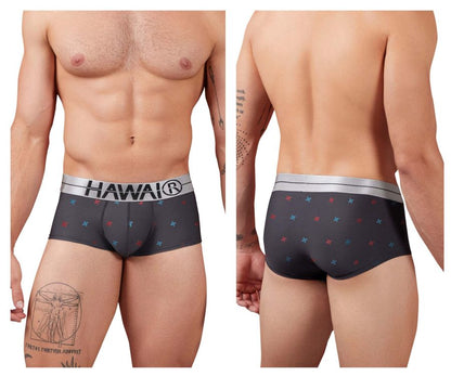 Black hawai boxer briefs in gray microfiber with silver waistband and red blue star patterns for comfortable wear