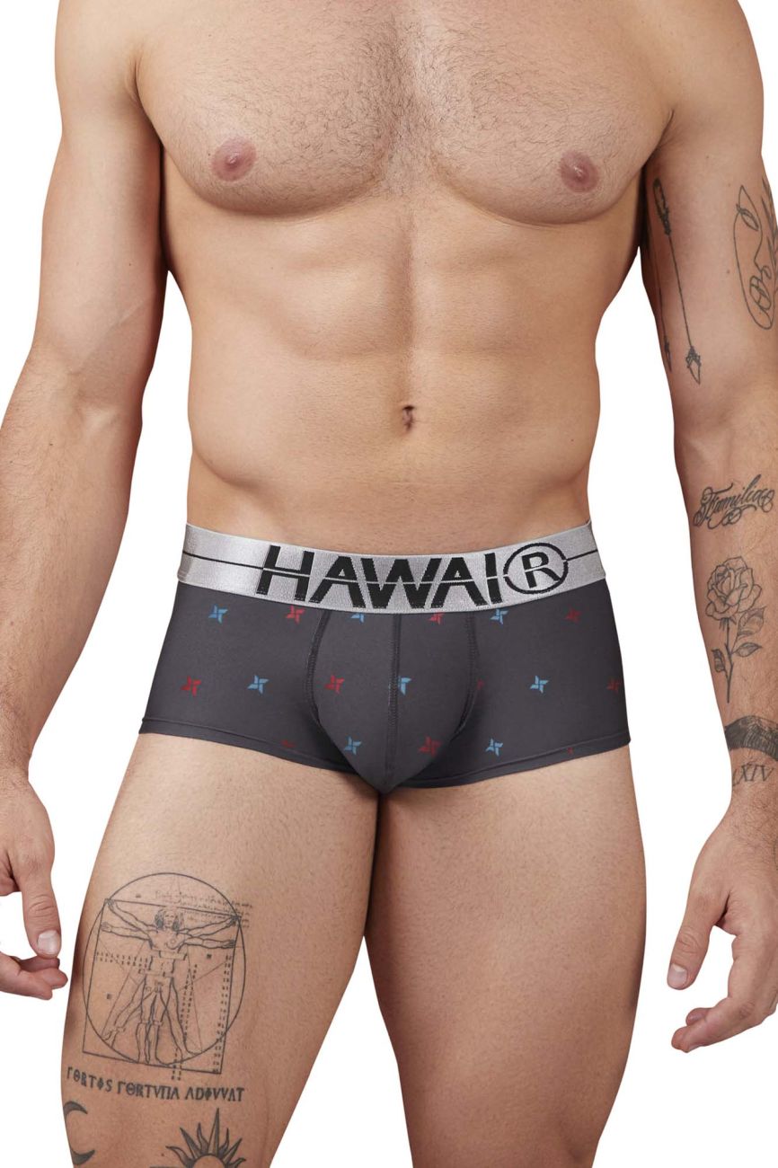 Dark gray hawai 42530 printed microfiber boxer briefs with silver waistband and red blue white star patterns