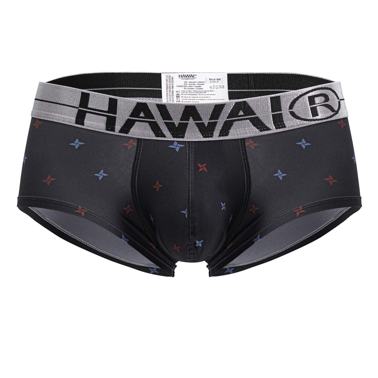 Black hawai 42530 printed microfiber men’s briefs in gray with gray waistband and red and blue star patterns