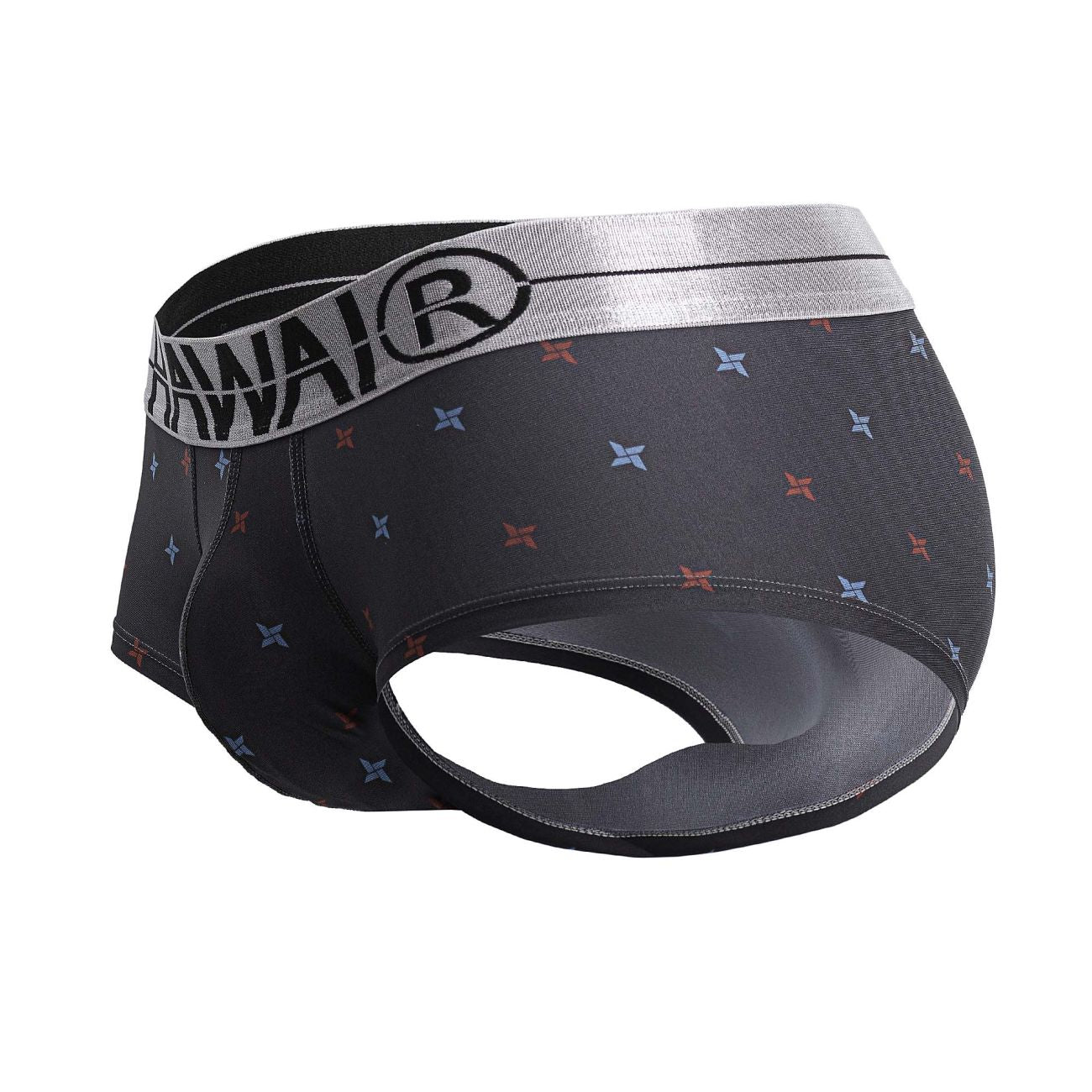 Black men’s printed microfiber briefs gray with silver hawai waistband and red blue star patterns