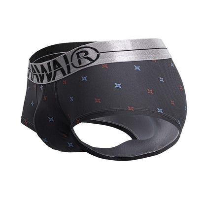 Black men’s printed microfiber briefs gray with silver hawai waistband and red blue star patterns