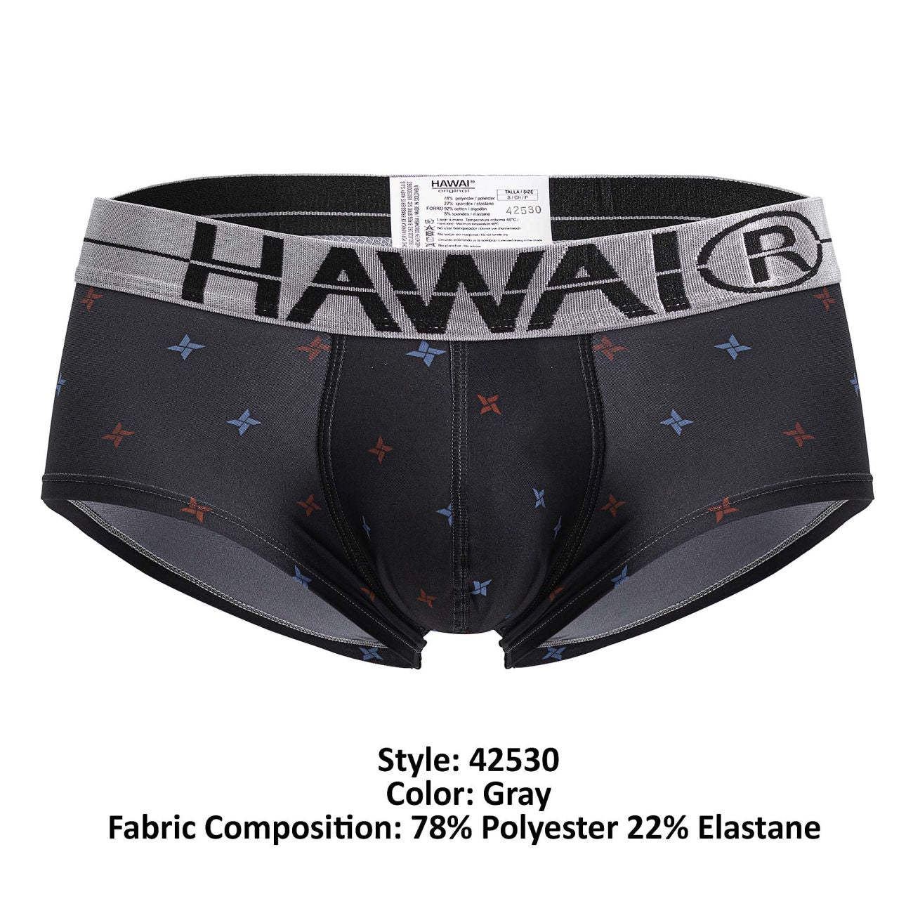 Gray hawai brand men’s microfiber briefs in gray with black waistband hawai logo and red blue star patterns
