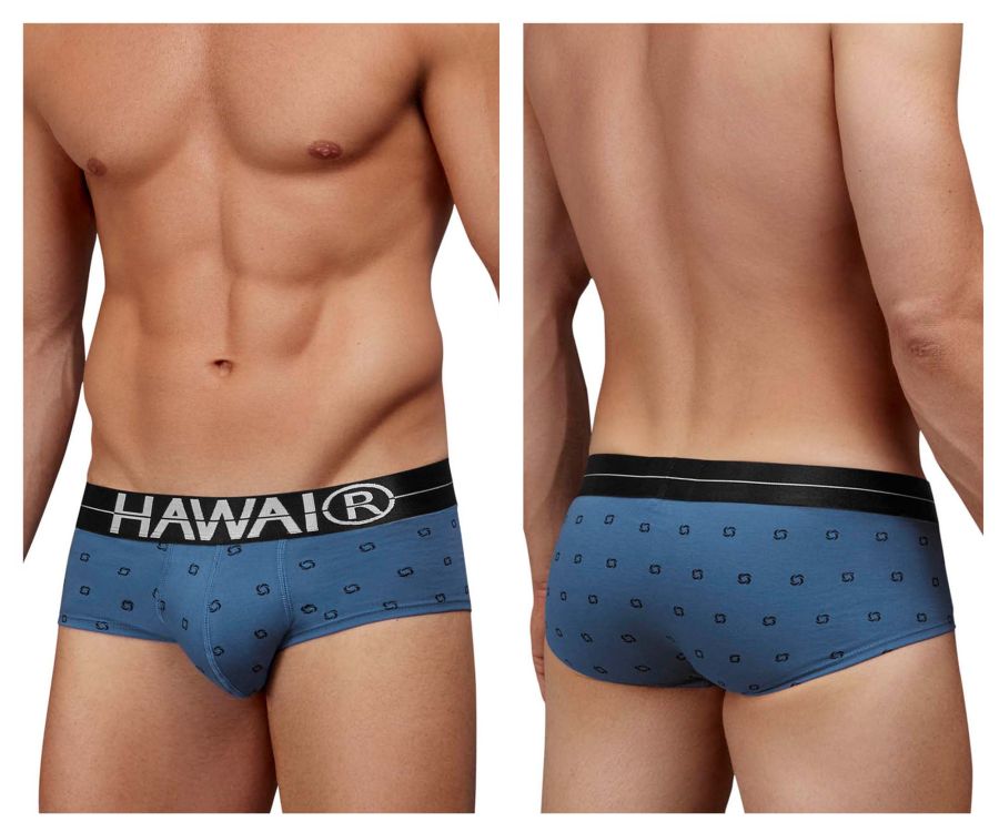 Blue quartz cotton blend briefs by hawai with black waistband and white hawai logo and dark geometric patterns