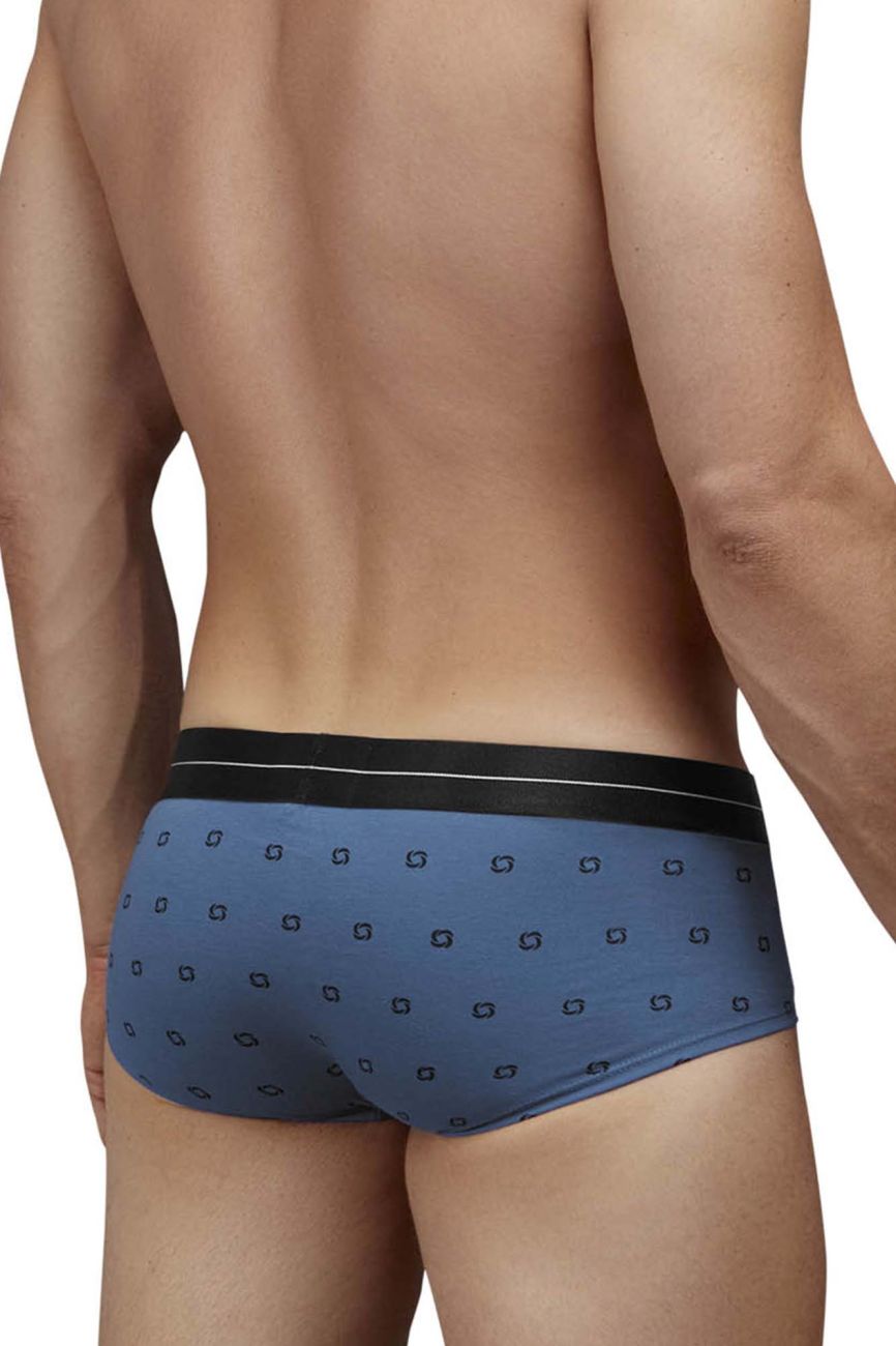 Blue quartz cotton blend briefs with blue pattern and black waistband featuring white stripes