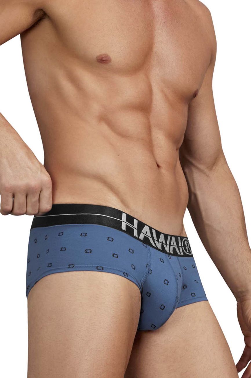 Blue hawaiian men’s cotton blend briefs in blue quartz with black waistband and white brand name featuring a geometric pattern