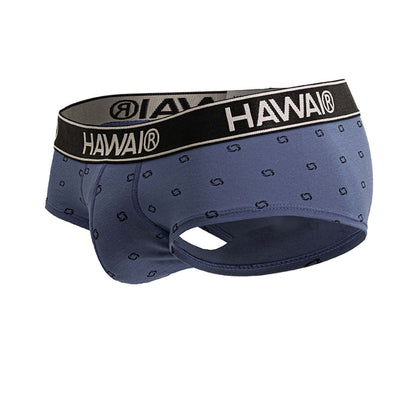 Blue hawai men’s briefs in blue quartz with black waistband, white lettering, dark blue swirl patterns, cotton blend fabric