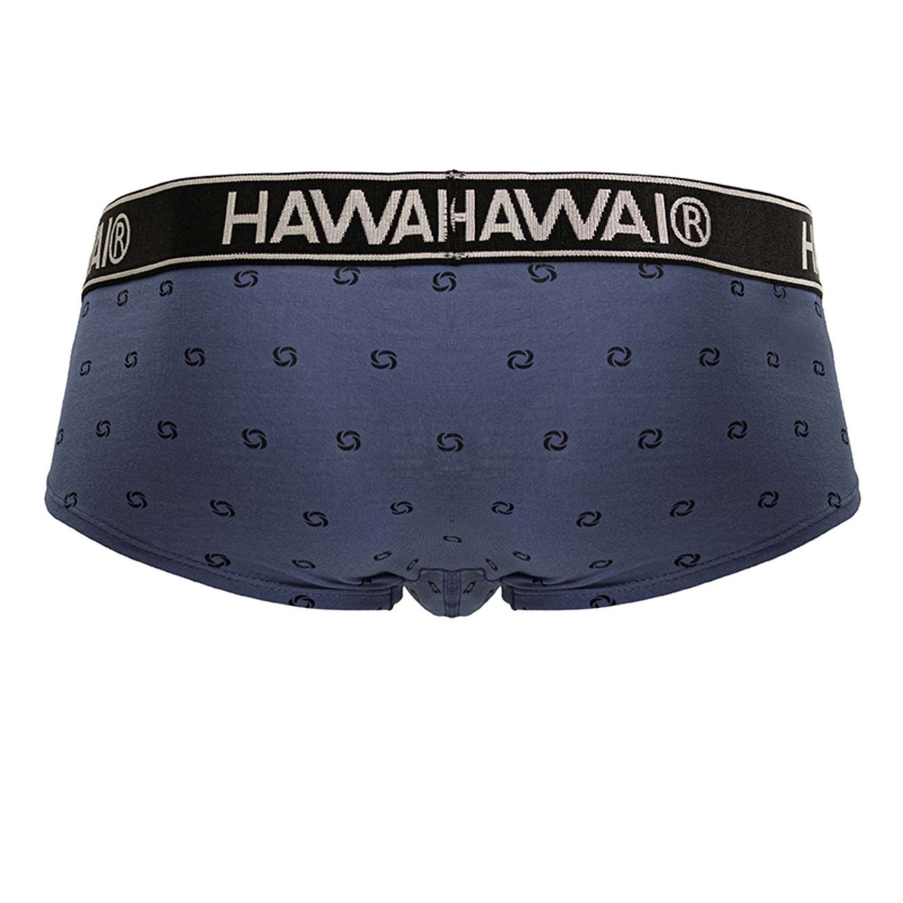 Navy blue cotton blend men’s briefs with black hawahawai® logo waistband and swirl pattern in blue quartz color