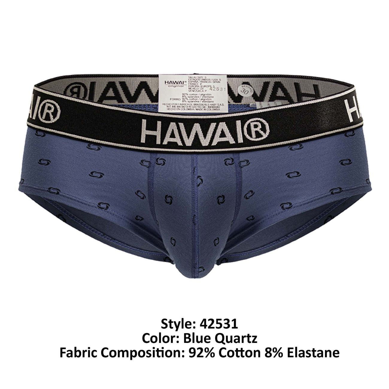 Blue quartz Hawai 42531 cotton blend men’s briefs with black s-shaped pattern and black waistband with brand name