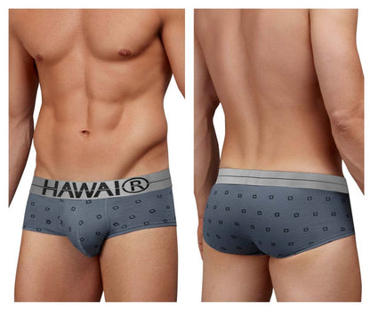 Gray hawaii cotton blend briefs with subtle dark square pattern and contrasting gray waistband with hawai logo