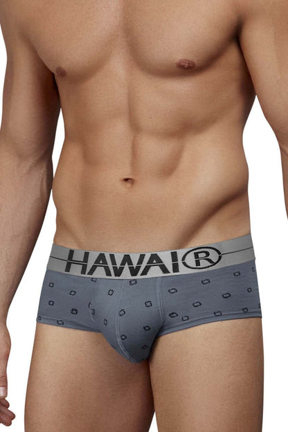 Gray hawai branded cotton blend briefs in gray with a subtle pattern of black geometric shapes