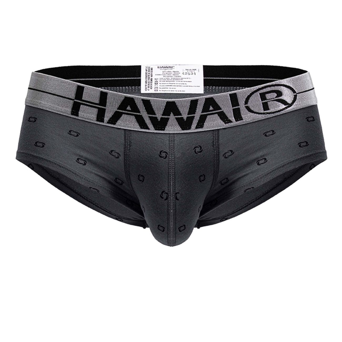 Gray hawaiian brand cotton blend briefs with subtle black swirl pattern in a black and gray color scheme