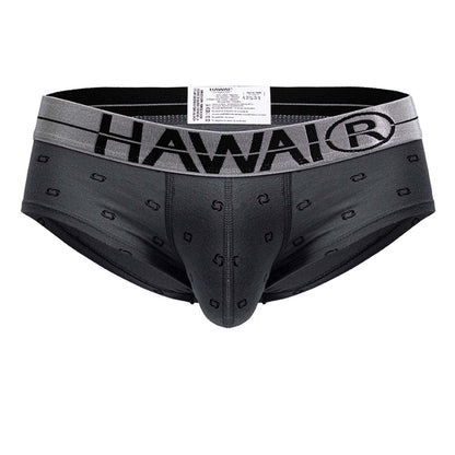 Gray hawaiian brand cotton blend briefs with subtle black swirl pattern in a black and gray color scheme