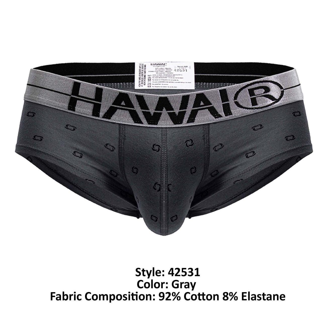 Gray hawai 42531 cotton blend men’s briefs with subtle s pattern and gray waistband featuring brand logo